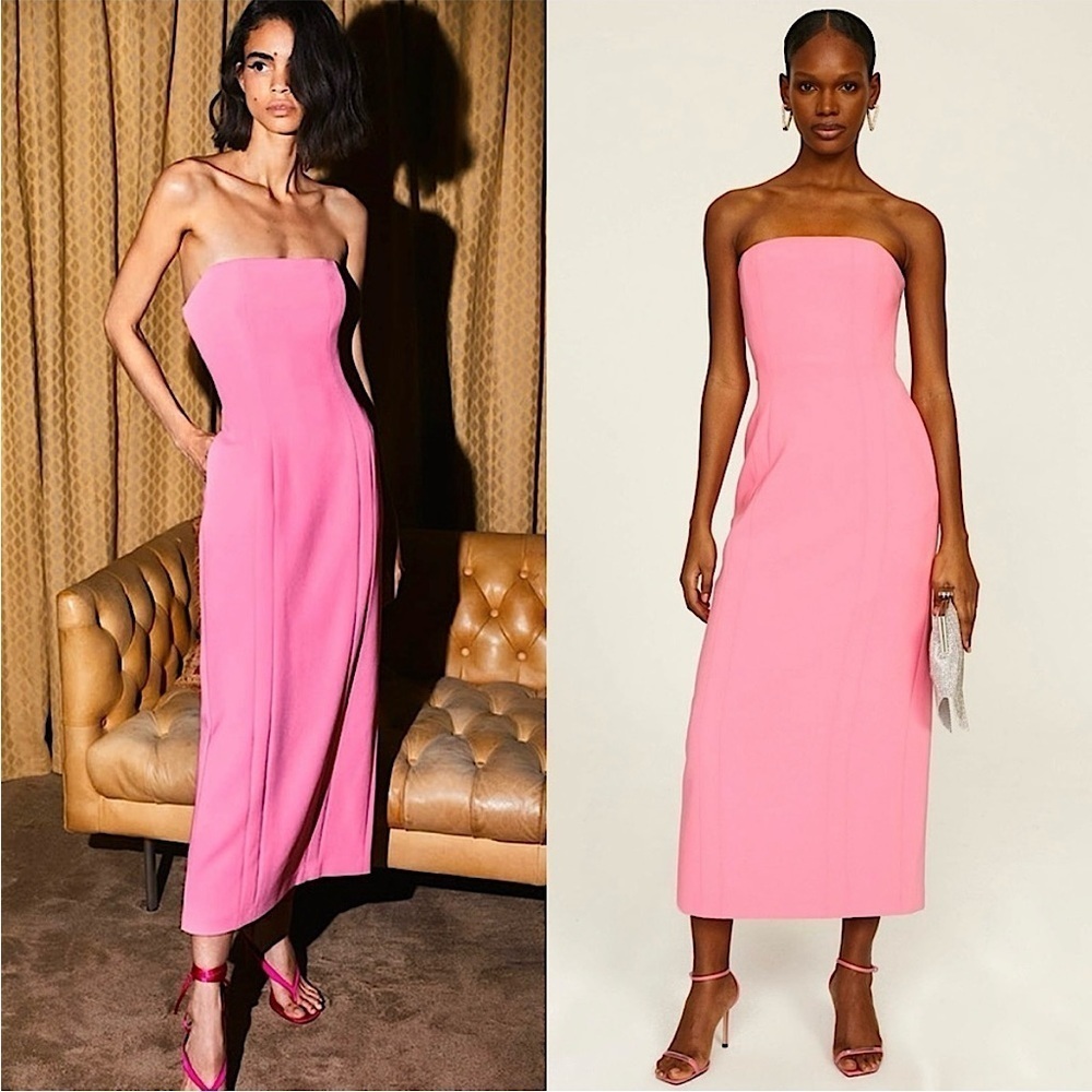 ALC Strapless Bubblegum Pink Crepe Cady Back Slit Fitted Sheath Midi Dress 4